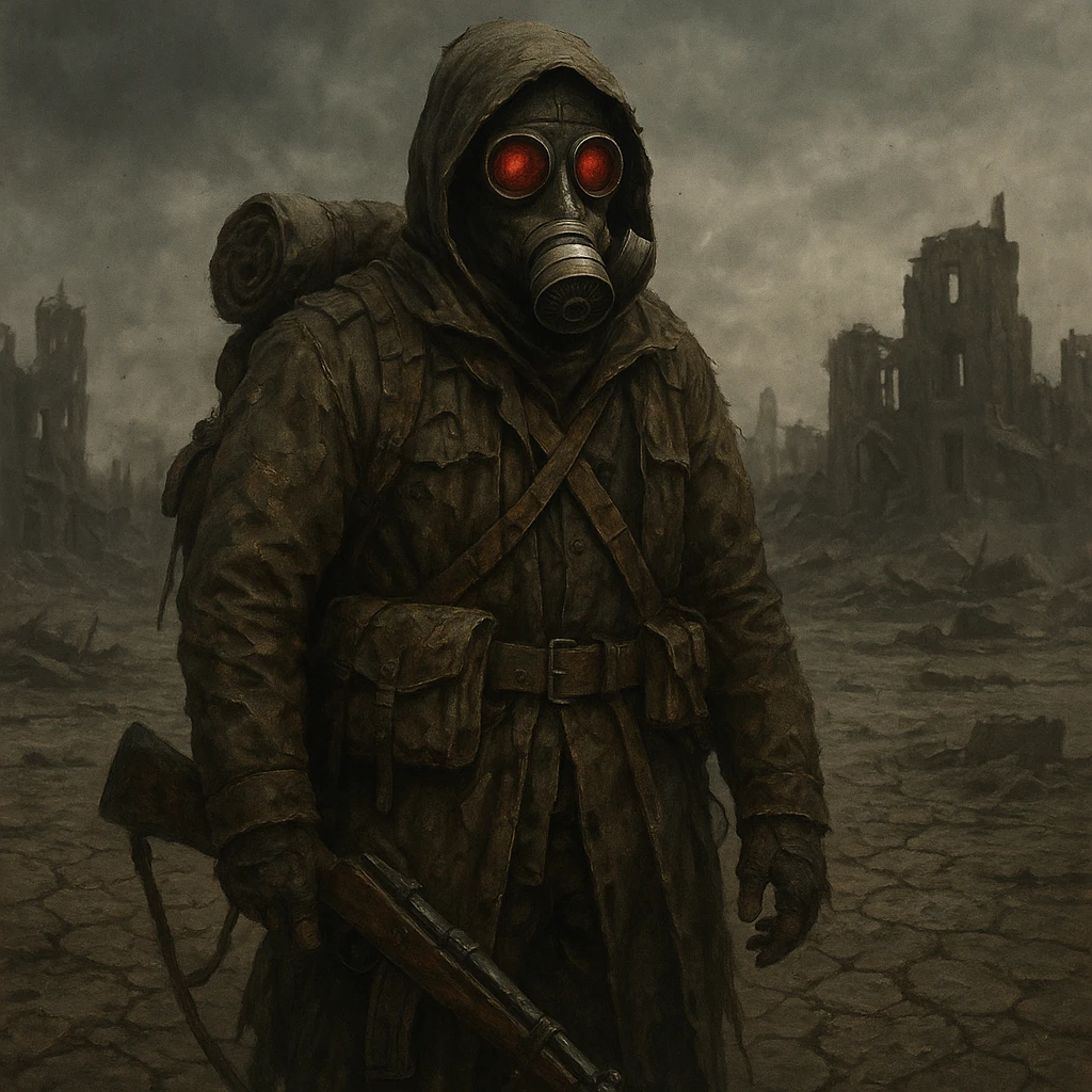 rugged survivor in a gas mask, red eyes, carrying worn gear, desolate wasteland setting emoji
