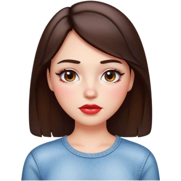 “Emoji brunette girl white top, dewy skin, heavy blush across cheeks and nose bridge, glossy cherry lips, soft eyeliner, teary sparkling eyes like hanni from new jeans emoji