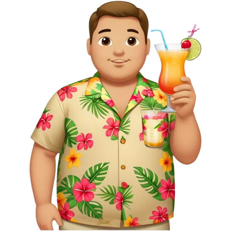 chubby guy full figure in a flowered hawai shirt holding a cocktail emoji