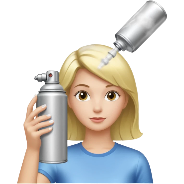 In her hand - a classic aerosol hairspray can (metallic cylinder, small spray nozzle on top). The can is spraying fine mist particles toward her hair, clearly visible as light translucent spray cloud. emoji