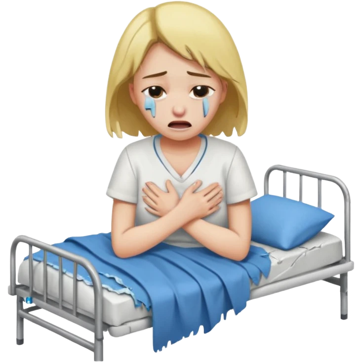 Mulher jovem chorando muito em cima de uma maca de hospital com as roupas rasgadas emoji