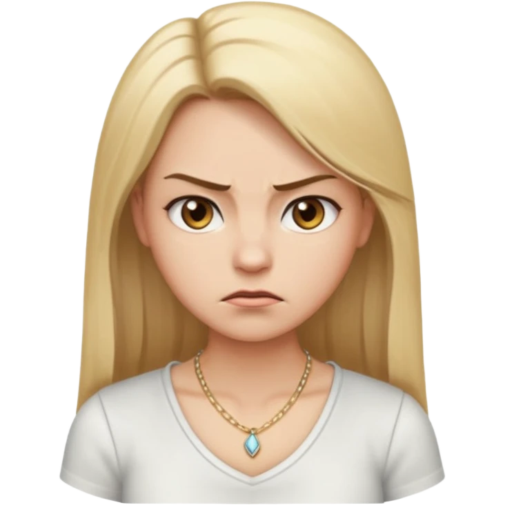 Cartoon emoji of a girl with long, straight blonde hair, fair skin, soft brown eyes. Wearing a white top with a delicate necklace, angry facial expression, furrowed brows, slightly pursed lips. Smooth, simple, stylized. emoji