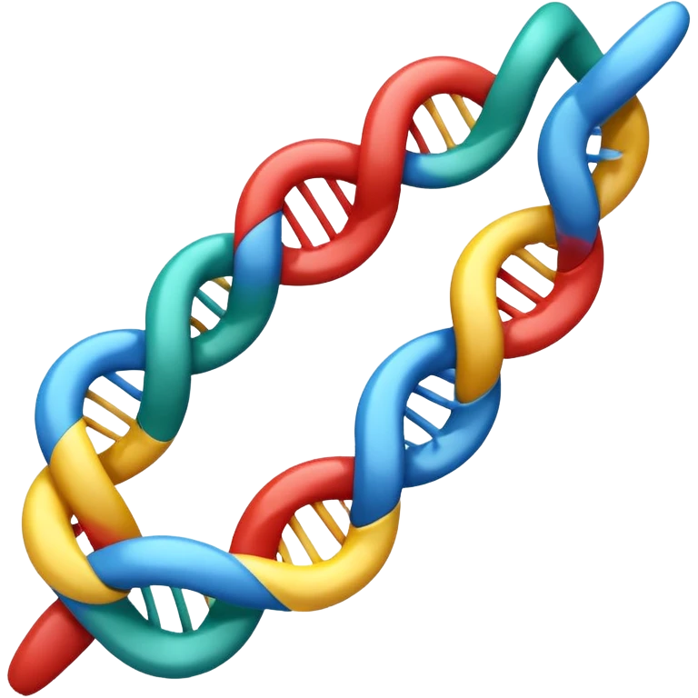 Single RNA strand (mRNA) modeled like a museum display: one strand only, gently twisting half-helix; glossy polymer appearance; ribose–phosphate backbone as a continuous ribbon; bases A U C G as colored plaques facing inward;  emoji