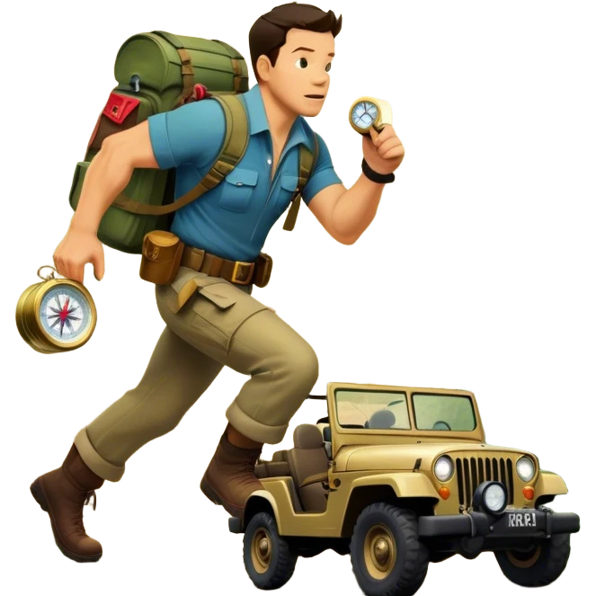 A vintage movie poster-style collage. Include action-packed elements like a treasure map, jungle scenes, a rugged explorer with a compass, and a speeding jeep. Add a shadowy figure resembling Mark Wahlberg in adventurous gear. Dramatic lighting, dynamic composition. Transparent background. emoji