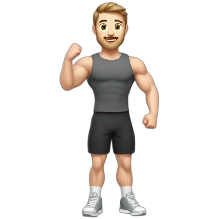 Close up Actively gesturing  with hands Pale skinned Fit Man With the biceps and brown hair in dark gray Sleeveless Mike, black oversize sports shorts, watch and white Sneakers emoji