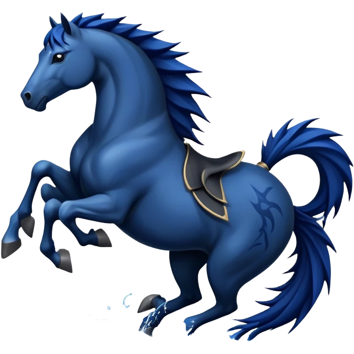 Ninja water horse, black horse body, dark blue watery accents, sharp spikes along mane and tail, fierce warrior pose emoji