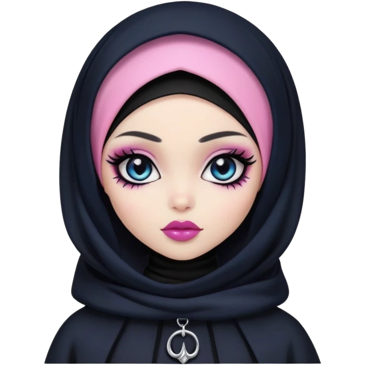 pretty bratz girl, black hijabi, dark blue eyes, pink lips, black eyeliner, pale skin, black gothic clothes emoji