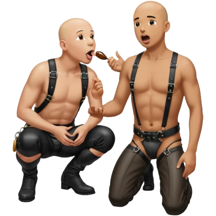 a bald man on his knees and a black leather harness, his tongue out, looking up next to a standing man in leather pissing into the kneeling man’s mouth emoji