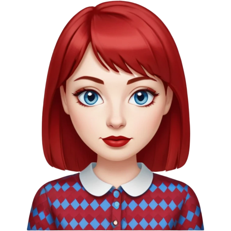 Woman in her 30s with clear white skin, oval face, large blue eyes with eyeliner, thin eyebrows, small nose, medium lips with red lipstick, dark red straight hair with bangs, wearing a red and white patterned shirt, friendly expression emoji