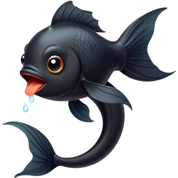 Cinematic Cute Yawning Black Goldfish Portrait Emoji, Head tilted slightly with a dramatic, wide-open yawn, showcasing a smooth, deep black body with elegant, flowing fins, eyes barely open in drowsy contentment, Simplified yet irresistibly adorable features, highly detailed, glowing with a soft, cozy glow, high shine, relaxed yet expressive, stylized with a touch of whimsy, bright and endearing, soft glowing outline, capturing the essence of a sleepy yet affectionate goldfish, so drowsy it feels like it could float out of the screen and curl up for a nap! emoji