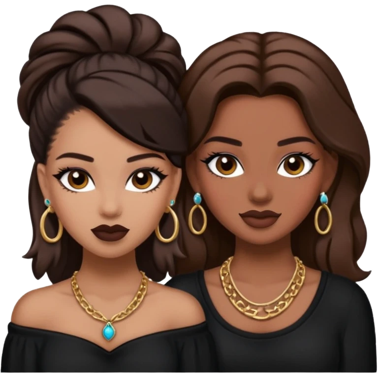 Boujy baddie best friends, trendy heavy makeup both dark hair one light skinned and one mocha brown pretty hair style both wearing black and earrings and necklace one mocha brown skin emoji