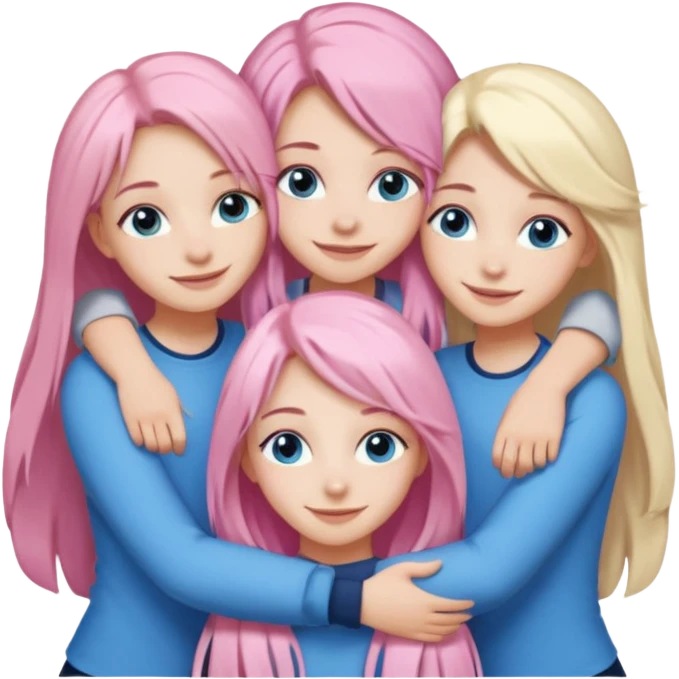 four white grips hugging and smiling    One girl with long light pink hair and blue eyes, one girl with blue eyes and light blonde hair, and 2 girls with brown eyes and long dark brown hair. emoji