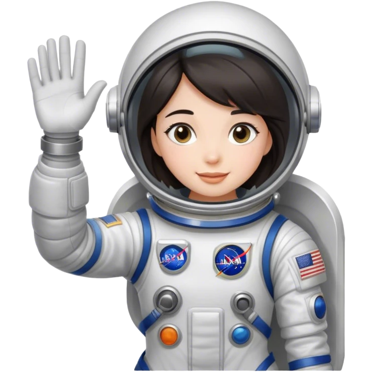 girl with dark hair waving wearing spacesuit emoji