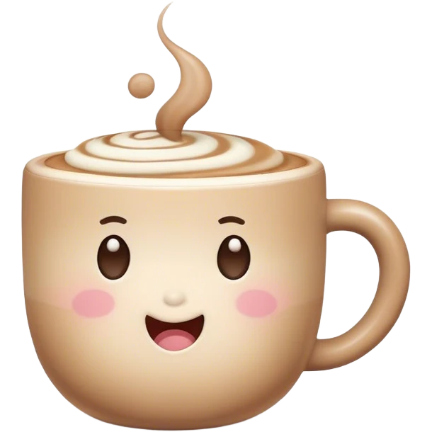 Cute Kawaii Coffee Cup, cozy and warm, a tiny swirl of steam shaped like a heart, round chubby face with a sleepy but content expression, soft pastel brown and cream colors, perfect morning vibes! emoji