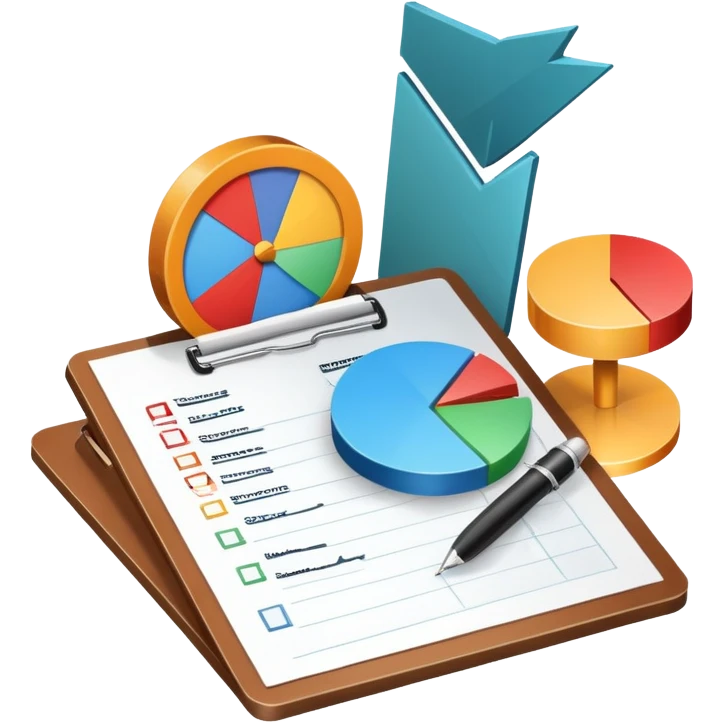 An icon featuring a pie chart, a clipboard with a checklist, and a megaphone, symbolizing management and marketing. The design includes upward-trending graphs and a target with an arrow, representing strategy and success. Transparent background highlights business organization and promotion. emoji