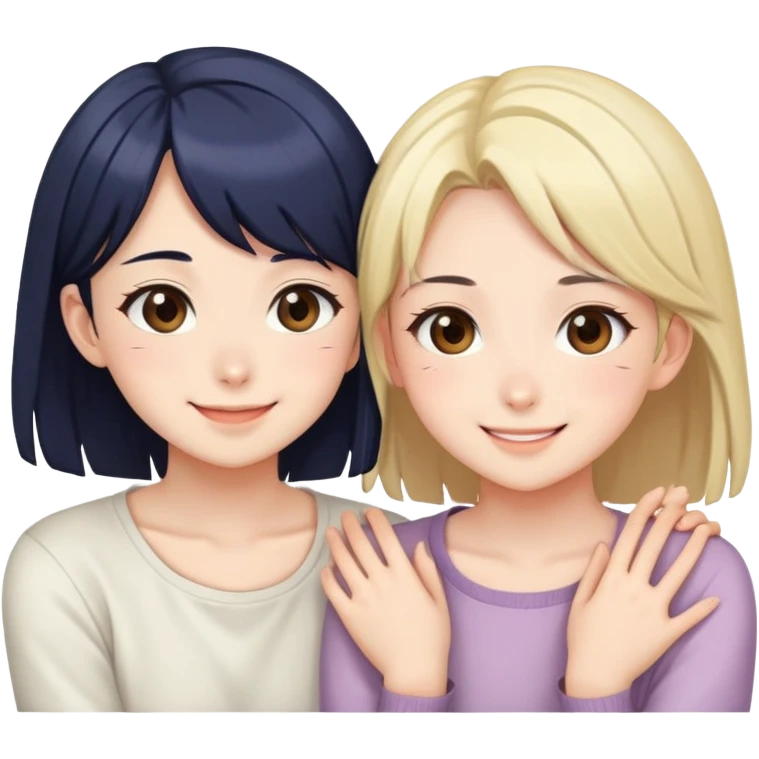 Two cute anime girls with their faces pressed together cheek to cheek, smiling happily emoji