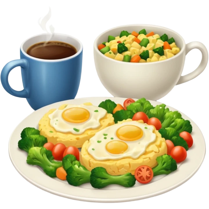 plate with eggs and veggies,  on the side one coffee in cute mug emoji