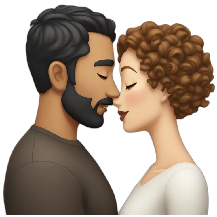 White man with a smooth black hair cut fade and a black beard kissing a White woman with long brown curly hair emoji