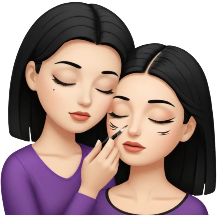 mulher branca cabelo preto aplicando cilios em outra mulher que esta deitada de olhos fechados emoji