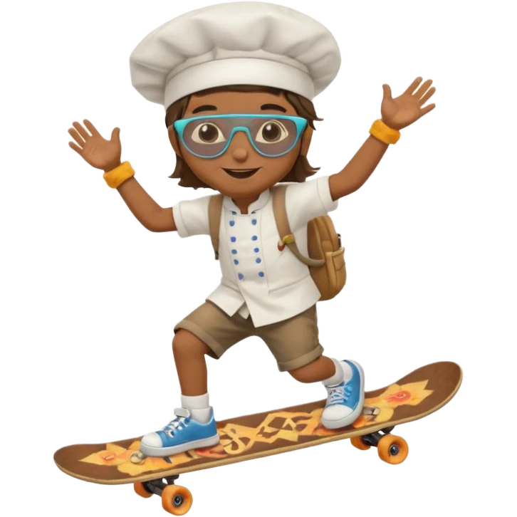 ["A happy boy with brown skin, straight hair, wearing a chef hat and sunglasses, dressed in hippie fashion, is skateboarding while holding a backpack."] emoji