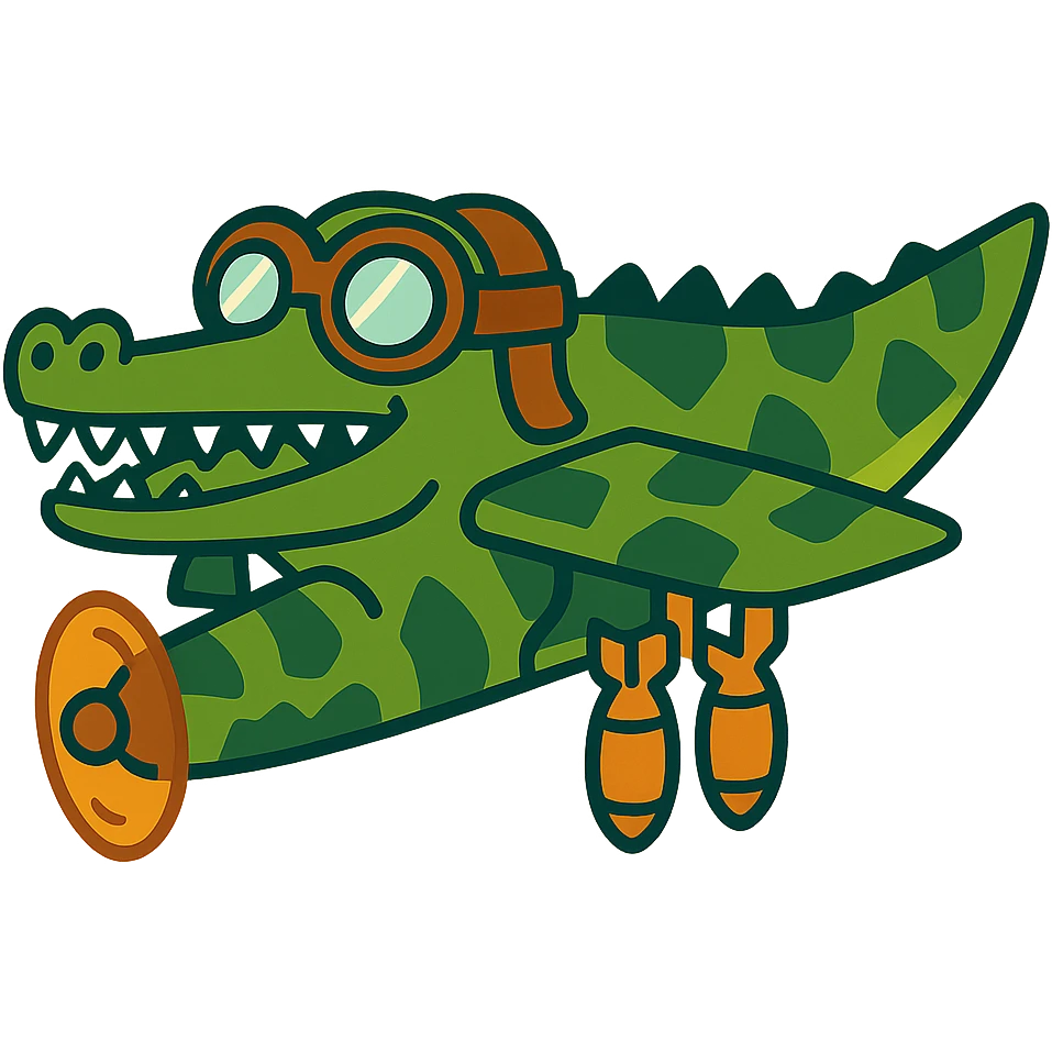 crocodile transformed into a bomber plane, with camouflage patterns and aviator goggles emoji