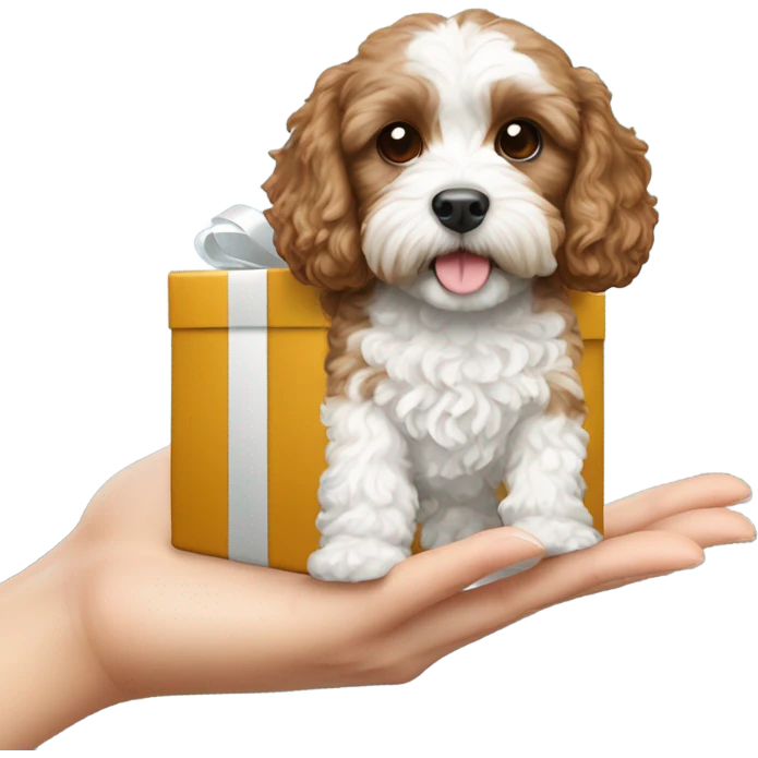 Brown and white cavapoo and gift box emoji