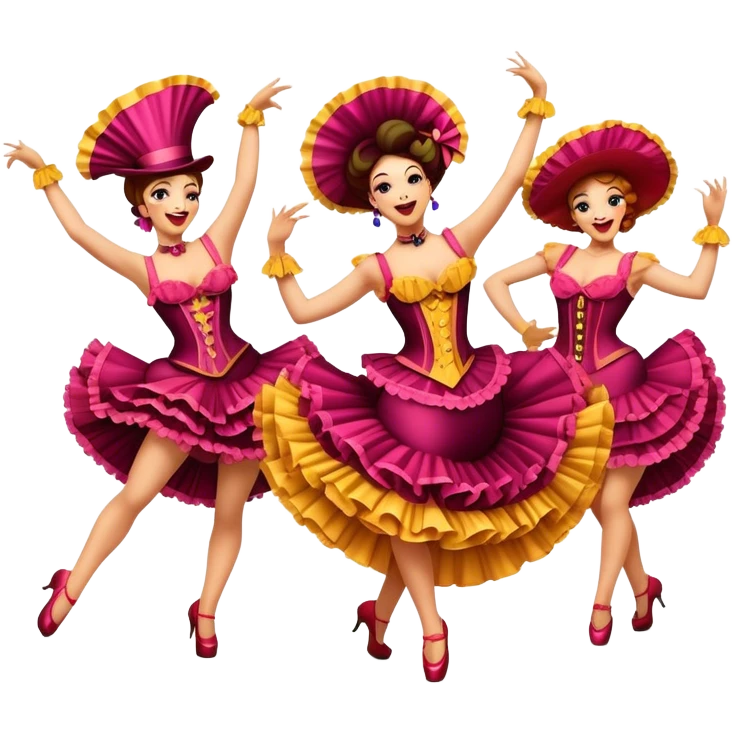Cinematic Realistic Can-can Dance Emoji, depicted as a lively cabaret dance scene with flouncy costumes and dynamic energetic movement, rendered with vibrant textures and playful theatrical lighting that captures the spirit of French cabaret. emoji