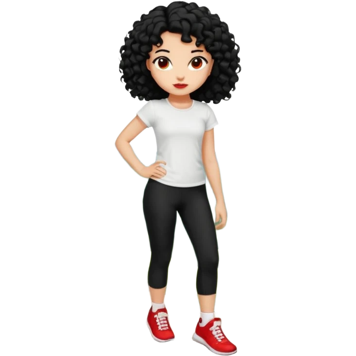generate a pretty bratz fair skinned girl with curly black hair wearing a white tshirt trekking on a hill with red sneakers on and black leggings.  Put a hill behind her emoji