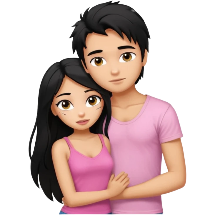 generate a pretty tan bratz boy with messy black hair wearing a white tshirt. Hugging a fair girl with long black hair, eyeliner, wearing a pink cami.  emoji