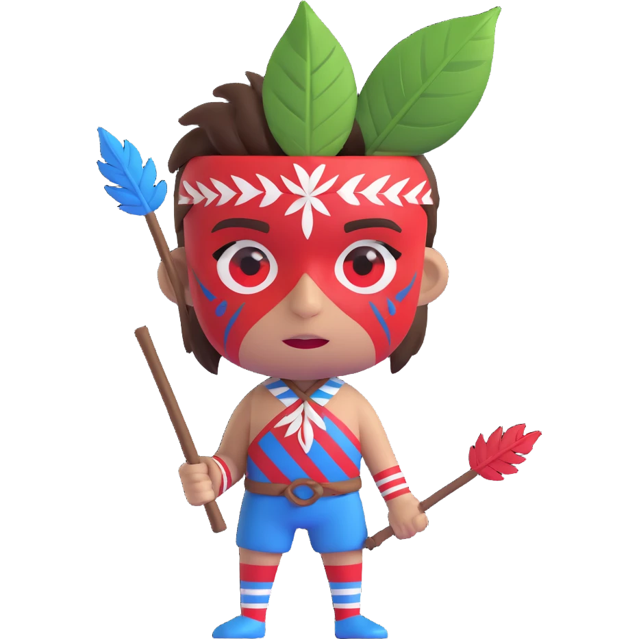 savage boy emoji with fierce expression, face painted in red white and blue stripes, tribal look with leaf covering, holding a sharp stick, inspired by Roger from LOTF emoji
