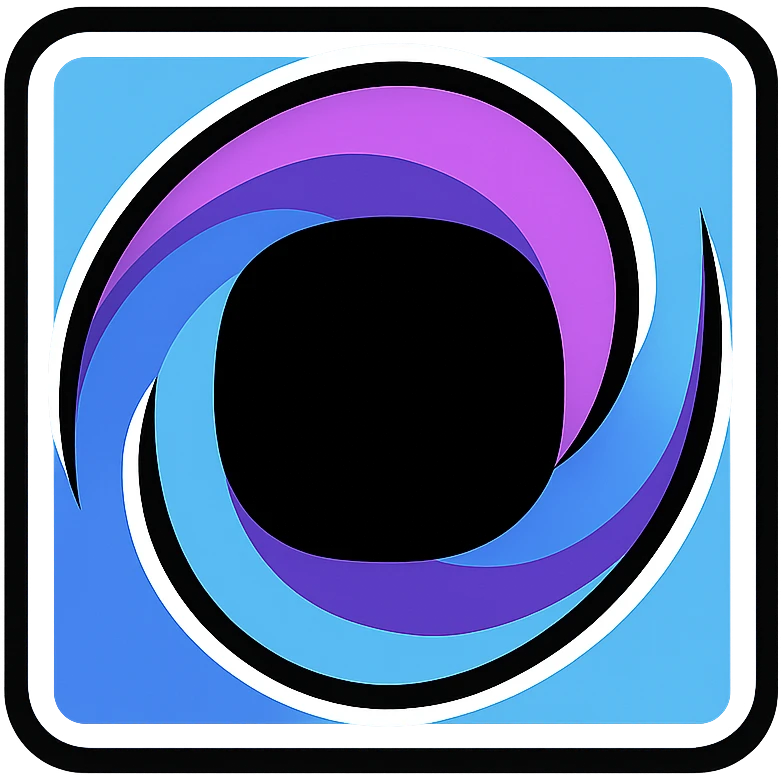 square resembling miniature black hole, dark center, swirling bright purple and blue edge, white neon glow border emoji