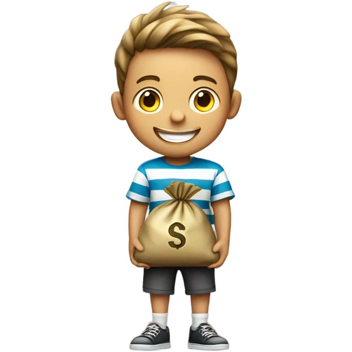 smiling boy in striped shirt with a money bag emoji