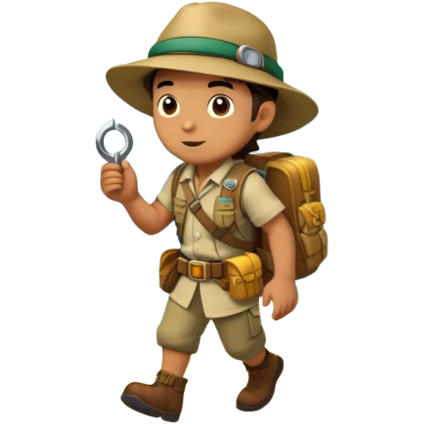 an adventure game, inspired by Uncharted-2. The design features a rugged explorer navigating through ancient ruins, with treasure and obstacles in the background. A dynamic environment with jungle, cliffs, and puzzles highlights the thrill of discovery and action. Transparent background. emoji