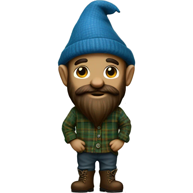 Full body gnome, dark beard, brown eyes, young, with a blue woolen hat, brown boots and a green plaid shirt. The body should be cartoonish and not realistic. emoji