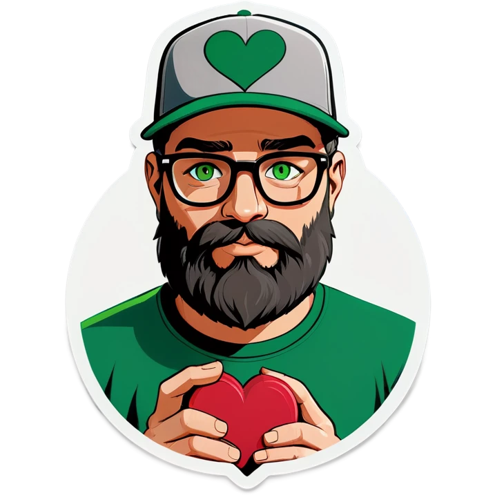 A bold man with a grey baseball cap, green eyes, big beard and glasses holding heart emoji