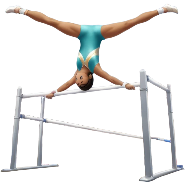 Professional gymnast performing a complex routine on parallel bars, demonstrating strength, control, and perfect balance. The gymnast is mid-air, executing a powerful move with focused concentration. The background shows a brightly lit gymnasium with a cheering audience. emoji