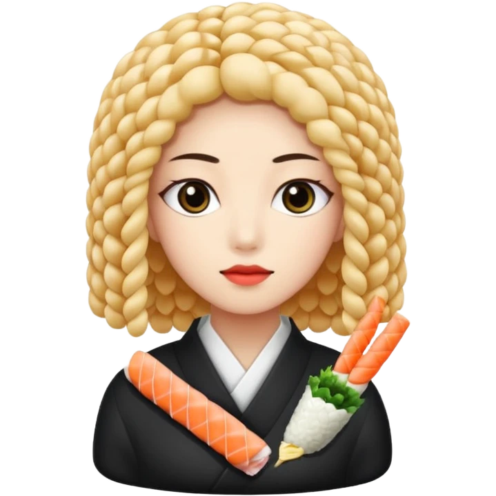 un coreano di 18 anni con sushi con il pizzetto capelli ricci e lunghi sciolti  neri con un IQOS in mano  emoji