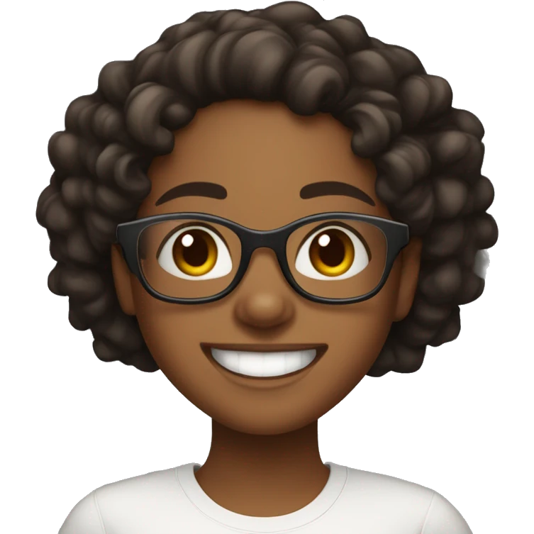 Brown skinned girl, with black curls in her hair, wearing glasses and has a big smile, she looks very happy, she has a white shirt on emoji