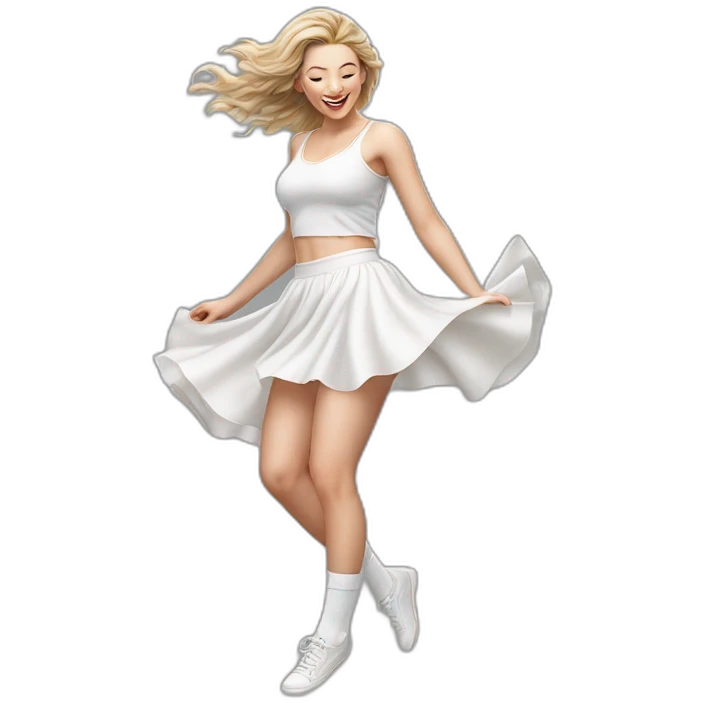 Hyperrealistic Full body Caucasian curvy beauty jumping short white skirt back and front views strong wind knickers long white socks emoji
