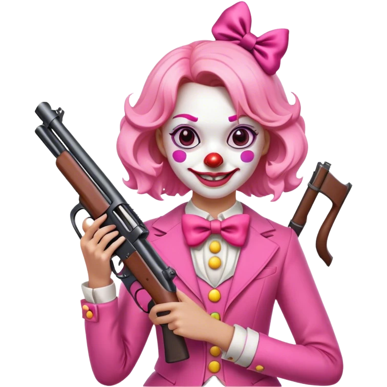 Smiling girl with clown face holding a gun with a bow with pink clothes on emoji