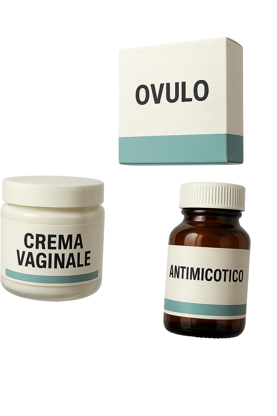 un barattolo di crema con la scritta "crema va**ale", una scatola con farmaco con la scritta "ovulo", un barattolo di farmaco con la scritta "antimicotico" in italiano sulle etichette, fluttuano in aria, IPERREALISTICO 4K emoji