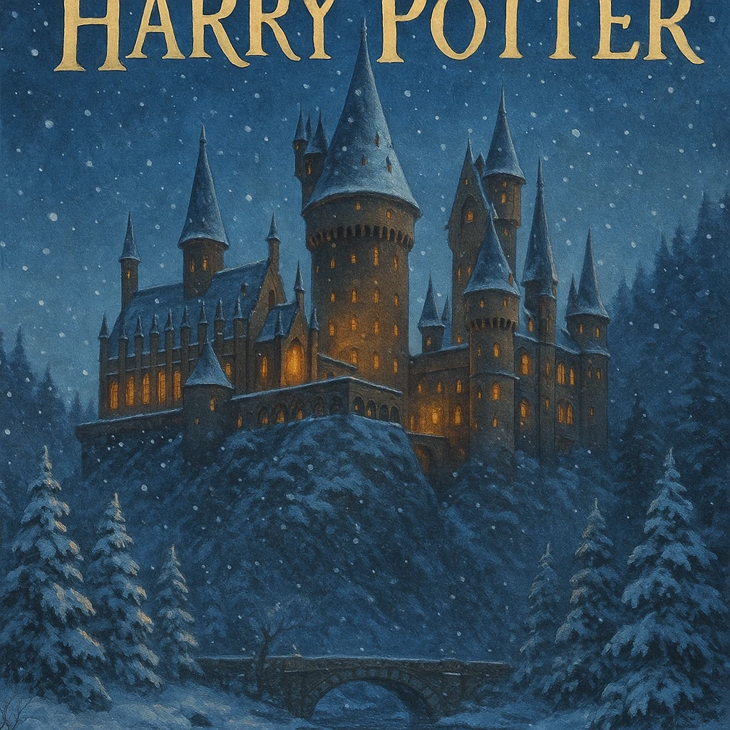 Harry Potter series, fantasy book cover style, Hogwarts castle in winter with snow and warm lights emoji