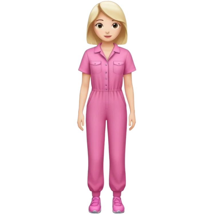 woman pink jumpsuit standing on foot emoji