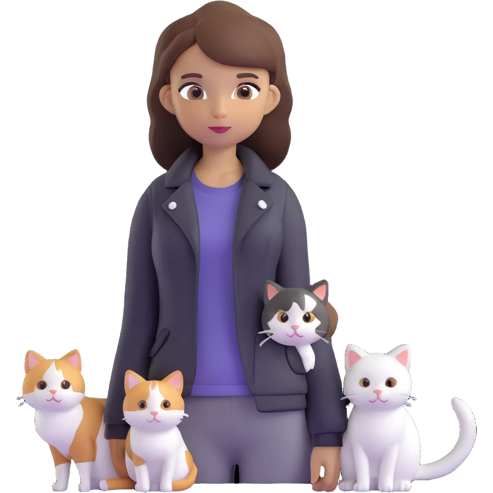Light-skinned girl with brown straight hair wearing a black jacket, along with one pure white cat and one calico cat emoji