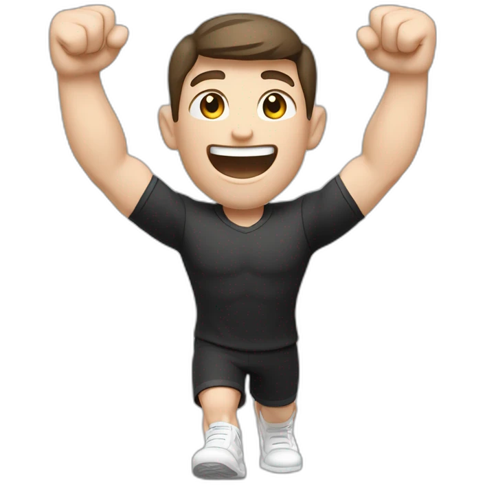Joyful Celebrating victory Pale skinned Fit Man With the biceps and dark brown hair in black shirt, gray sports shorts and white Sneakers emoji