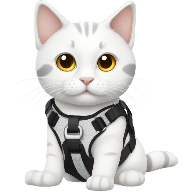 White and grey cat wearing a harness  emoji