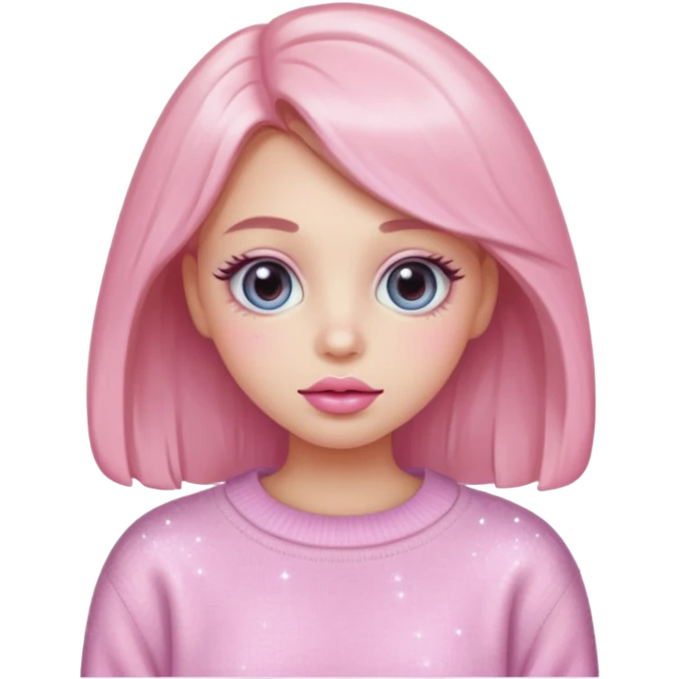 “Emoji girl, pastel pink blush, sparkly wide eyes, glossy bubblegum lips wearing oversized pastel sweater.” emoji