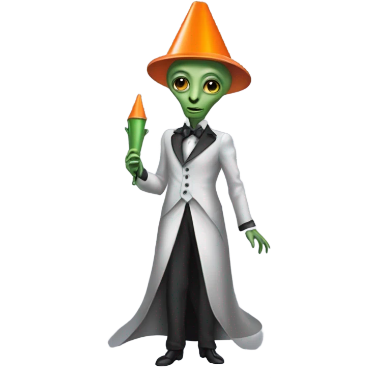 alien galora in Victorian dress elegant, full body, holding "big traffic cone" emoji