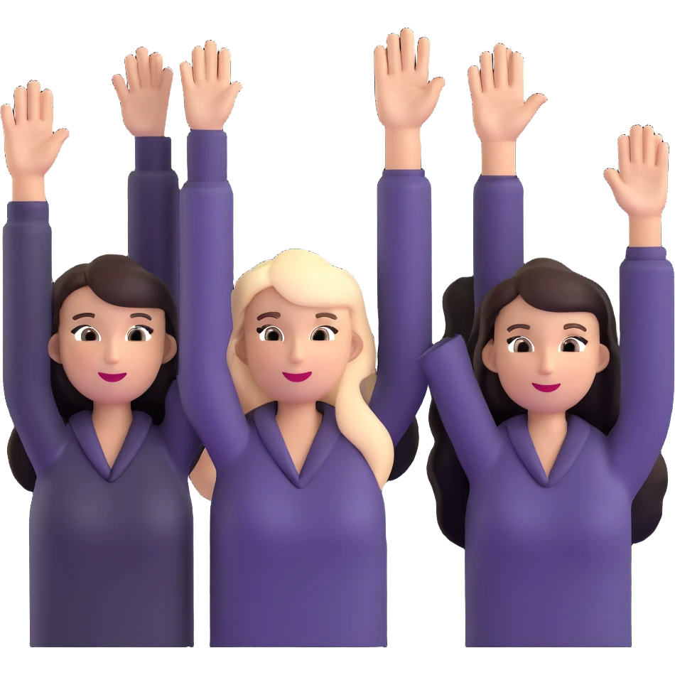 group of happy women, stylishly dressed, raising their hands emoji