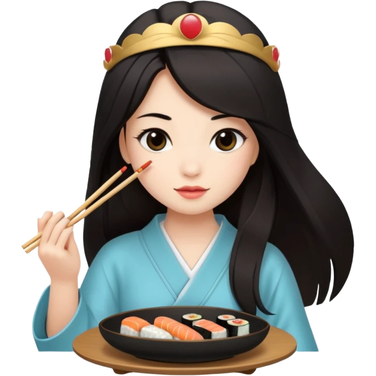 czarnowłosa ksieżniczka w dlugich wlosach je sushi emoji